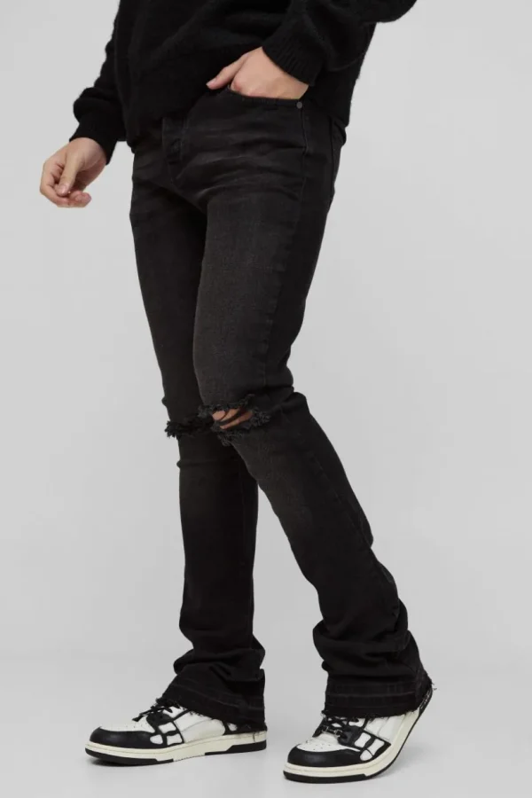 boohooMAN Skinny Stacked Flared Ripped Knee Jeans | Denim | Going Out Denim