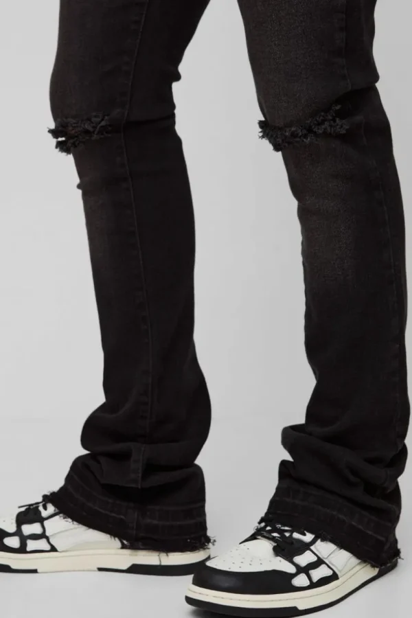 boohooMAN Skinny Stacked Flared Ripped Knee Jeans | Denim | Going Out Denim