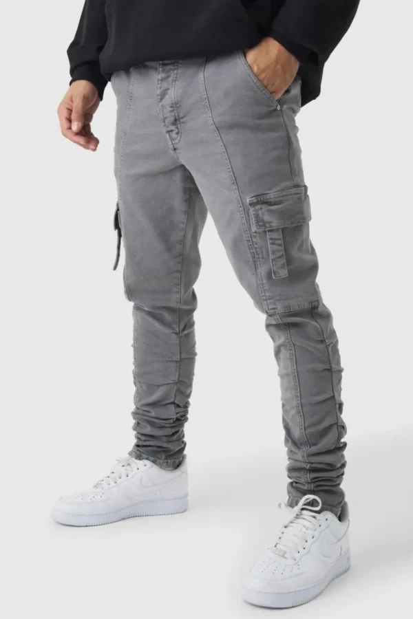 boohooMAN Skinny Stacked Ruched Strap Cargo Trousers | Cargo Trousers