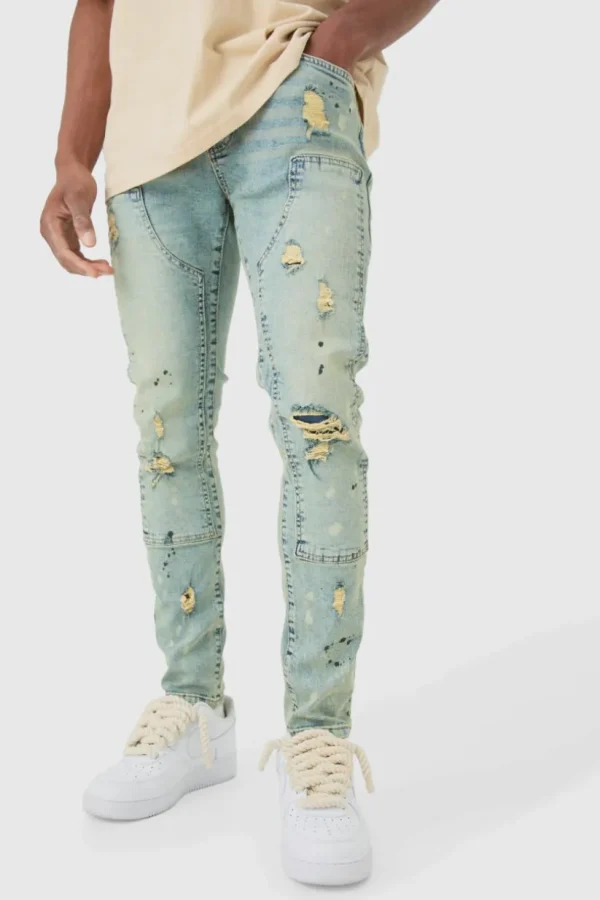 boohooMAN Skinny Stretch Ripped Carpenter Jeans In | Denim | Going Out Denim