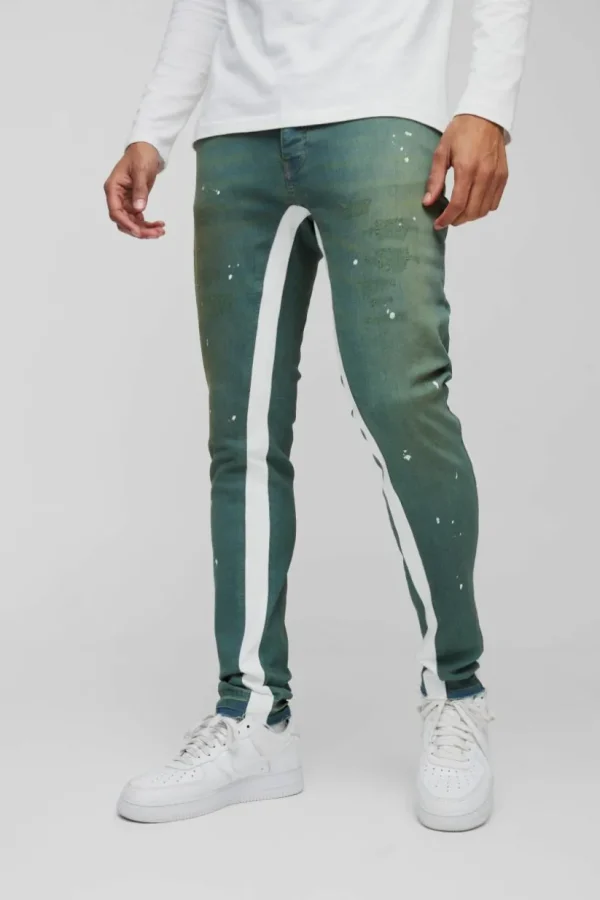 boohooMAN Skinny Stretch Ripped Paint Splat Gusset Jeans | Denim | Going Out Denim