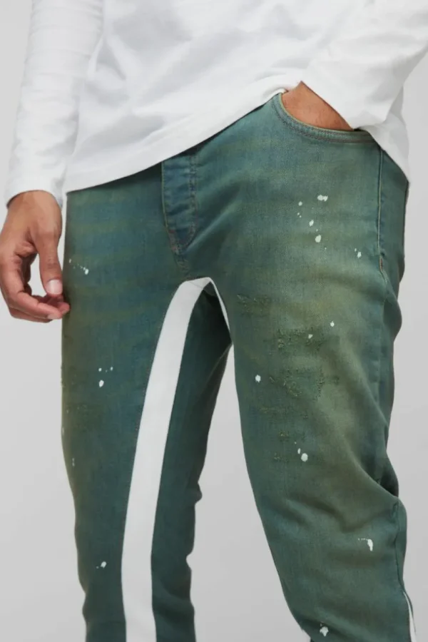 boohooMAN Skinny Stretch Ripped Paint Splat Gusset Jeans | Denim | Going Out Denim