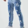 boohooMAN Skinny Stretch Stacked Carpenter Rip & Repair Denim Jeans | Denim | Going Out Denim