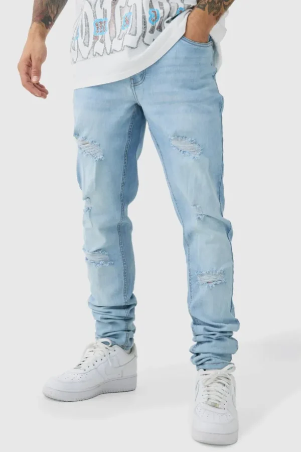 boohooMAN Skinny Stretch Stacked Ripped Jeans | Denim | Going Out Denim