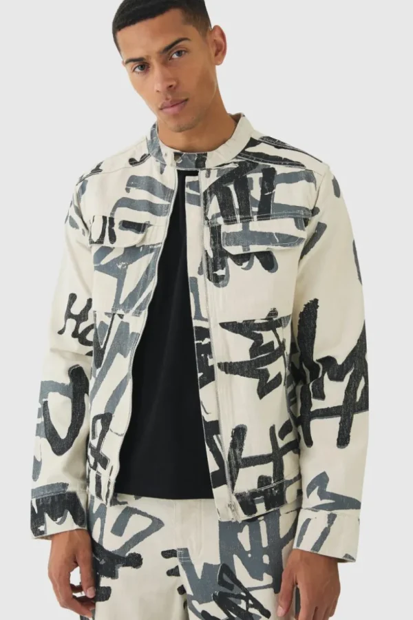 boohooMAN Slim Boxy Denim Graffiti Laser Print Biker Jacket | Man | Sets & Coords