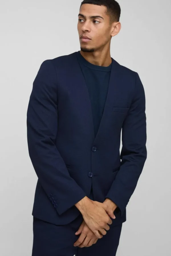 boohooMAN Slim Collarless Waffle Texture Blazer | Suits & Tailoring | Suits & Tailoring