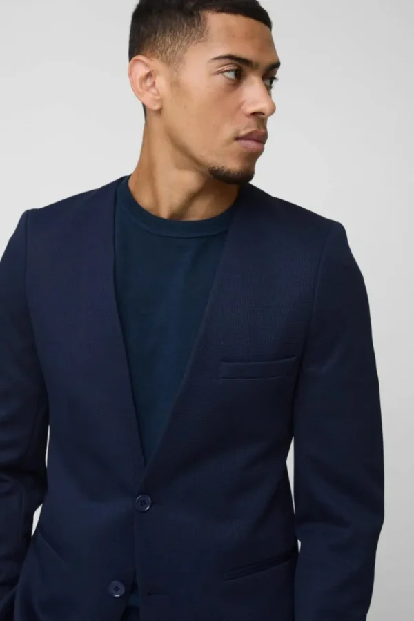 boohooMAN Slim Collarless Waffle Texture Blazer | Suits & Tailoring | Suits & Tailoring