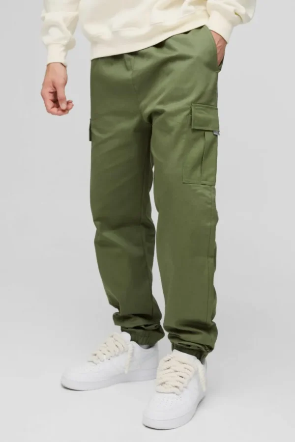 boohooMAN Slim Fit Elasticated Waist Woven Tab Cuffed Cargo Trousers | Trousers | Cargo Trousers