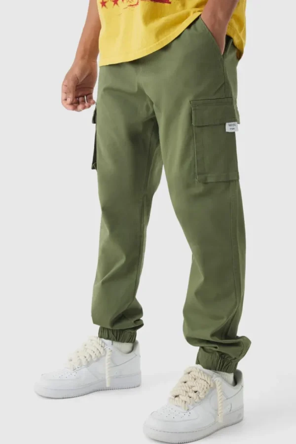 boohooMAN Slim Fit Elasticated Waist Woven Tab Cuffed Cargo Trousers | Trousers | Cargo Trousers