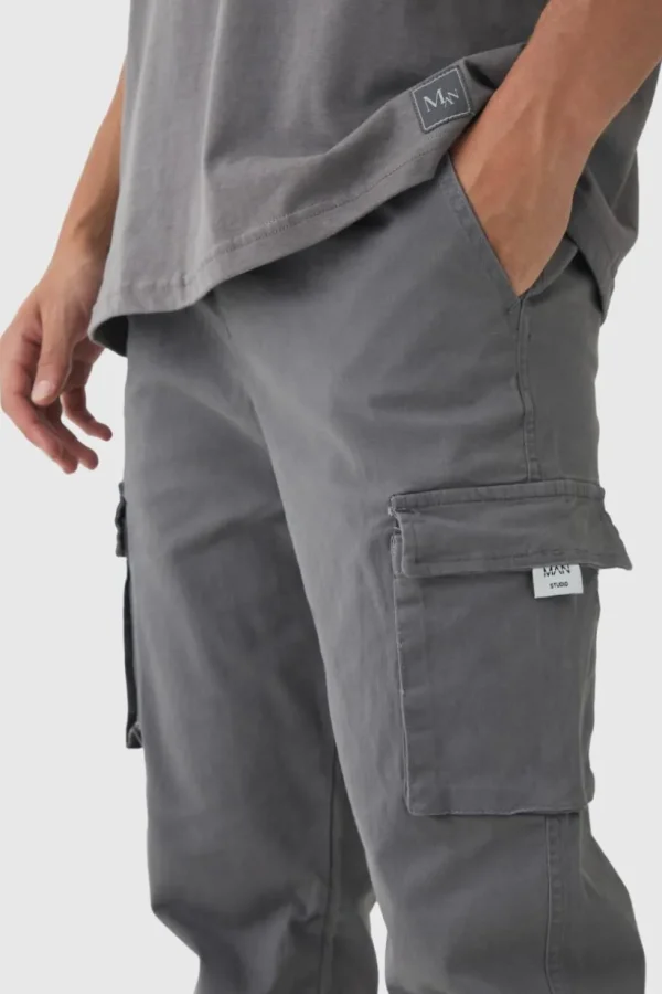 boohooMAN Slim Fit Elasticated Waist Woven Tab Cuffed Cargo Trousers | Trousers | Cargo Trousers