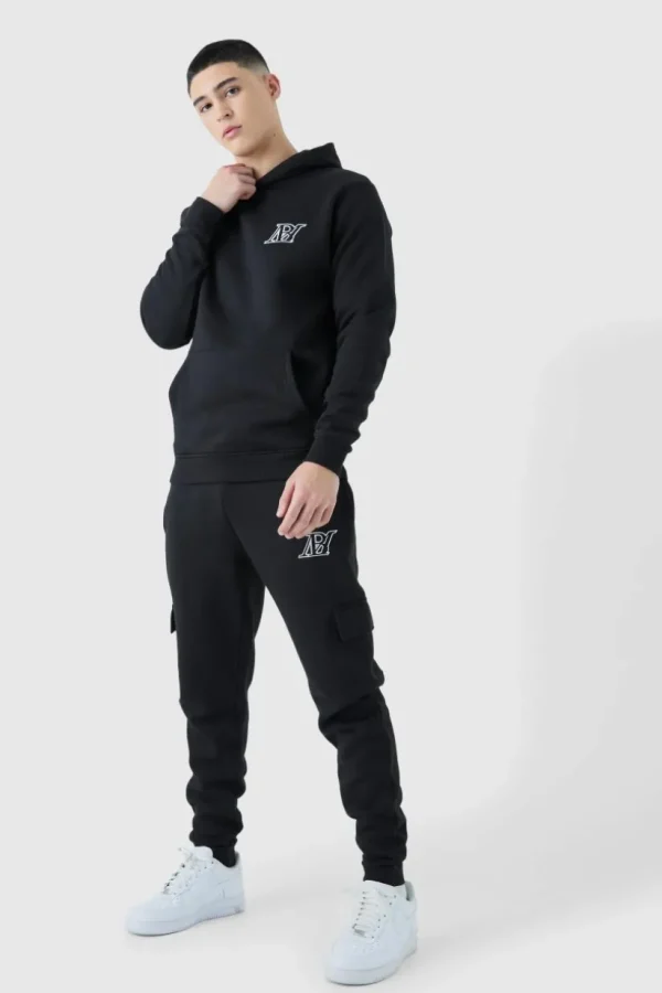 boohooMAN Slim Fit Embroidered Cargo Tracksuit | Tracksuits