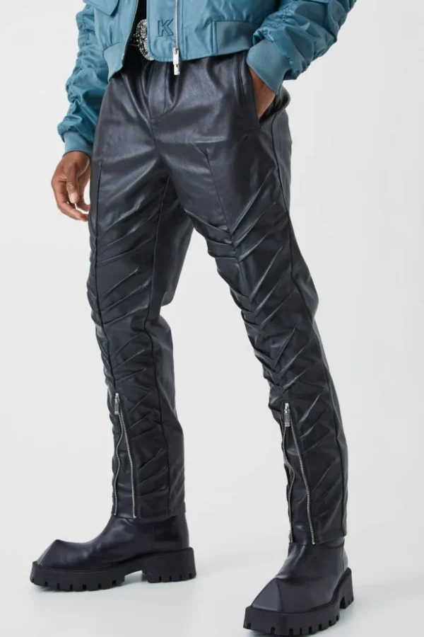 boohooMAN Slim Fit Stacked Pu Zip Hem Trouser | Going Out
