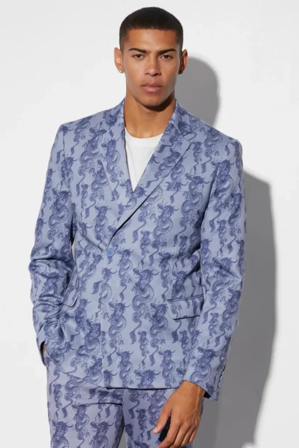 boohooMAN Slim Fit Wrap Dragon Printed Suit Jacket | Suits & Tailoring | Suits & Tailoring