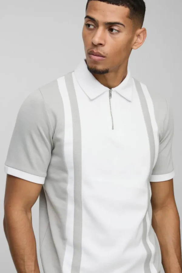 boohooMAN Slim Panelled Zip Neck Interlock Polo | Going Out Polo Shirts | Going Out Tops
