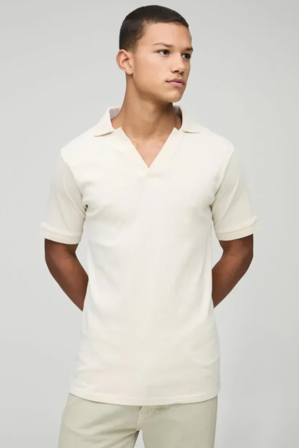 boohooMAN Slim Rib Revere Polo | Going Out Polo Shirts | Going Out Tops