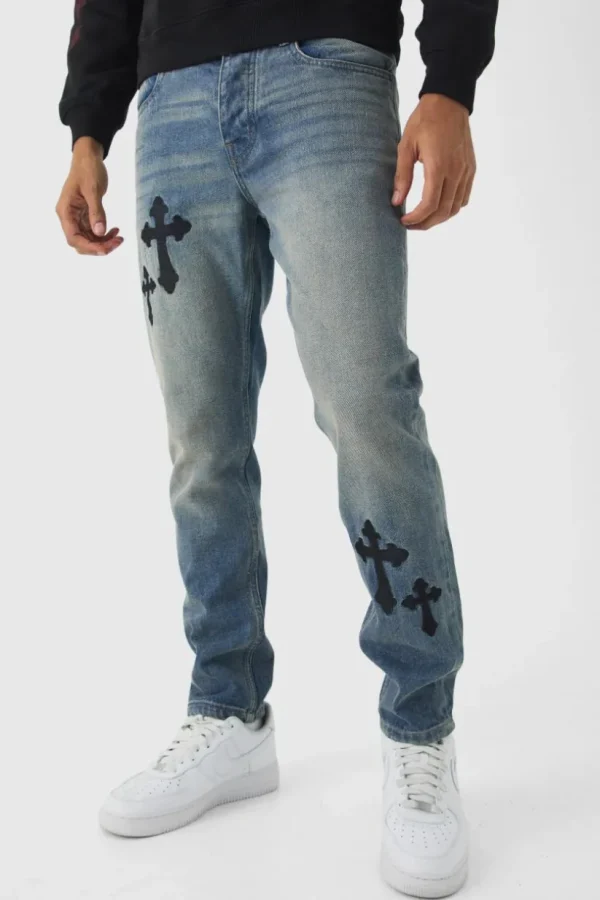 boohooMAN Slim Rigid Cross Embroidered Jeans | Denim | Going Out Denim