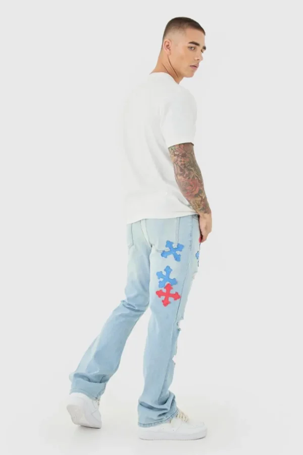 boohooMAN Slim Rigid Flare Applique Jeans In | Denim | Going Out Denim