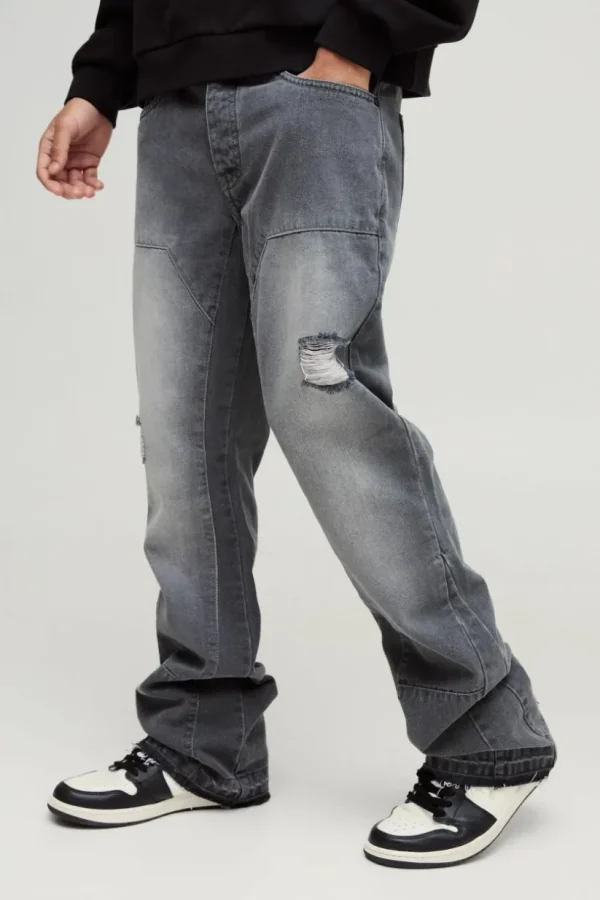 boohooMAN Slim Rigid Flare Carpenter Ripped Gusset Denim Jeans | Denim | Going Out Denim