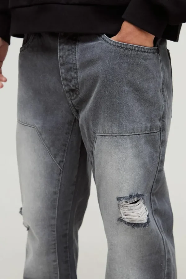 boohooMAN Slim Rigid Flare Carpenter Ripped Gusset Denim Jeans | Denim | Going Out Denim