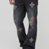 boohooMAN Slim Rigid Flare Cross Embroidered Jeans | Denim | Going Out Denim