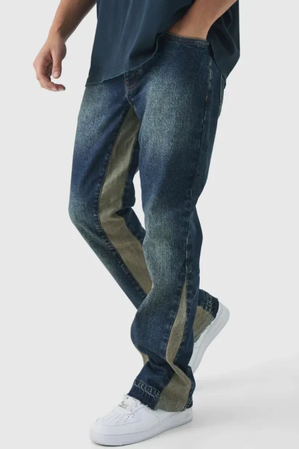 boohooMAN Slim Rigid Flare Distressed Gusset Panel Acid Washed Denim Jeans | Denim | Going Out Denim