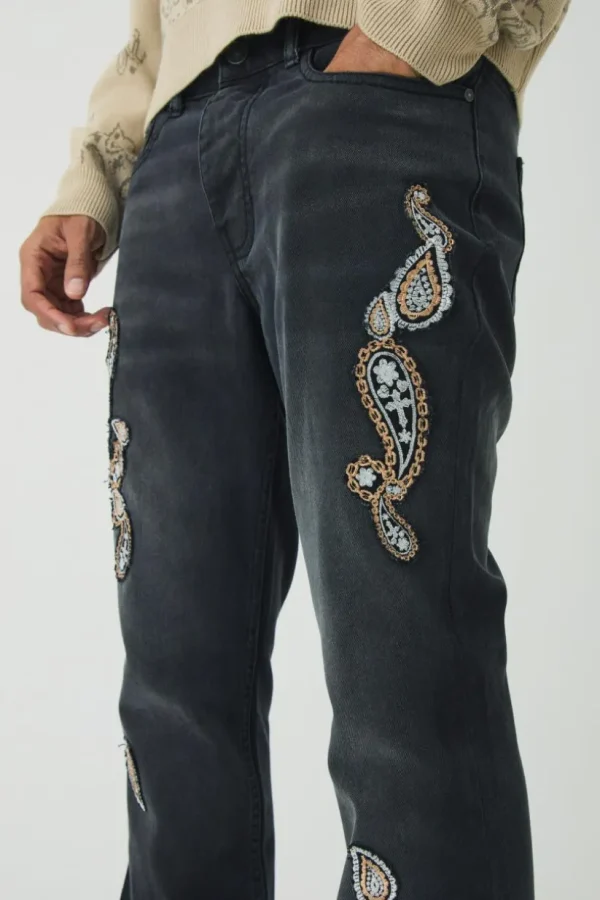 boohooMAN Slim Rigid Flare Washed Paisley Applique Jeans | Denim | Going Out Denim