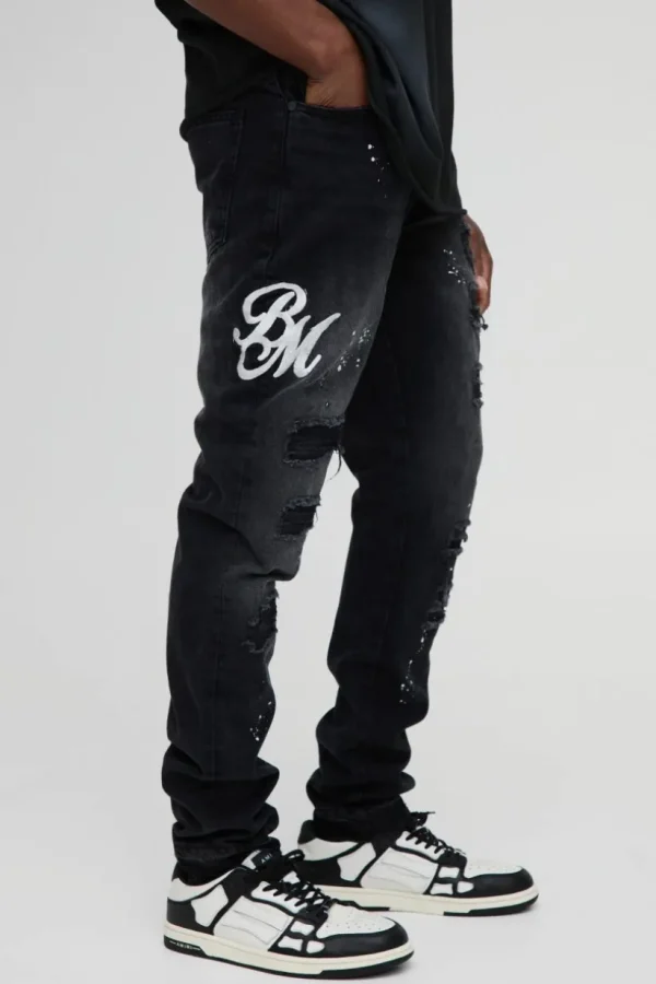 boohooMAN Slim Rigid Paint Splat Ripped Jeans | Denim | Going Out Denim