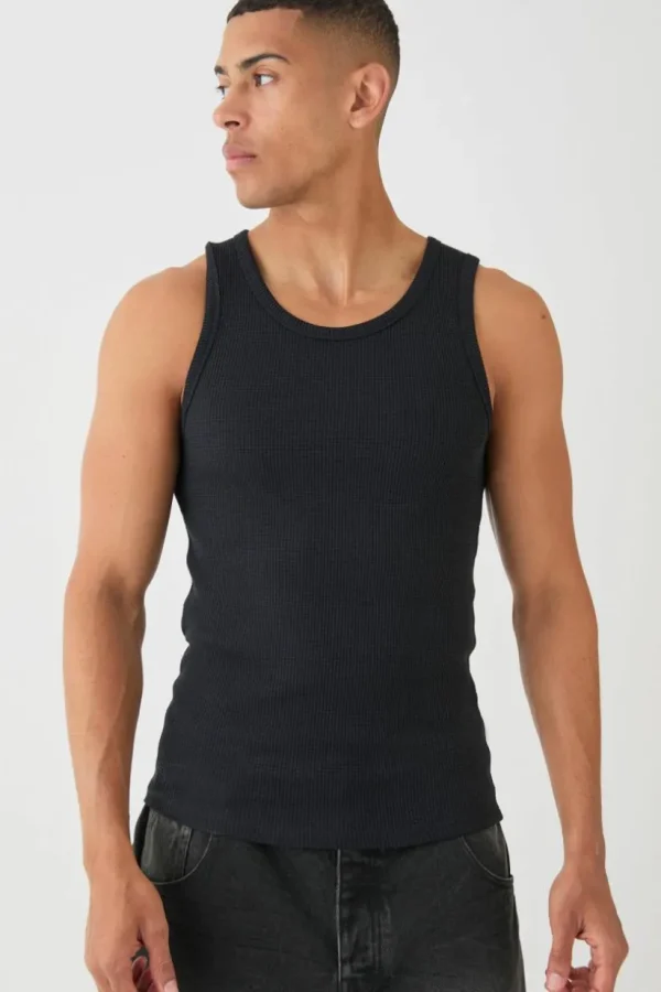 boohooMAN Slim Waffle Vest | Going Out | T-Shirts