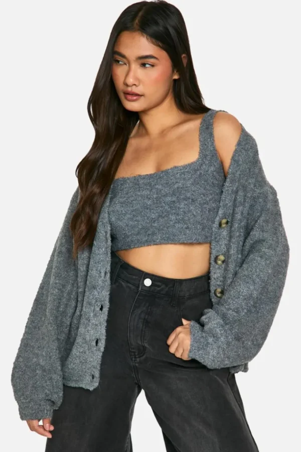 boohoo Slouchy Cardigan And Bralet Borg Knit Co-ord | Women Shirts | Foundation