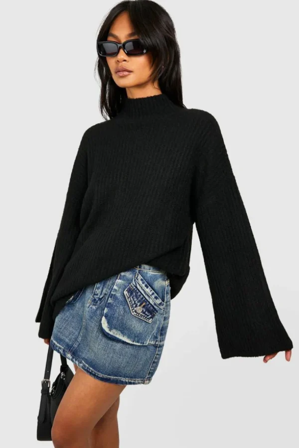 boohoo Soft Rib Knit High Neck Jumper And Wide Leg Trouser | Women Shirts | Foundation