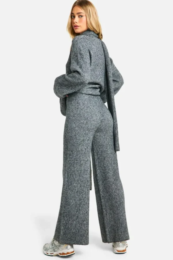 boohoo Stitch Detail V Neck Oversized Knitted Jumper And Scarf And Wide Leg Trouser | Women Shirts | Foundation