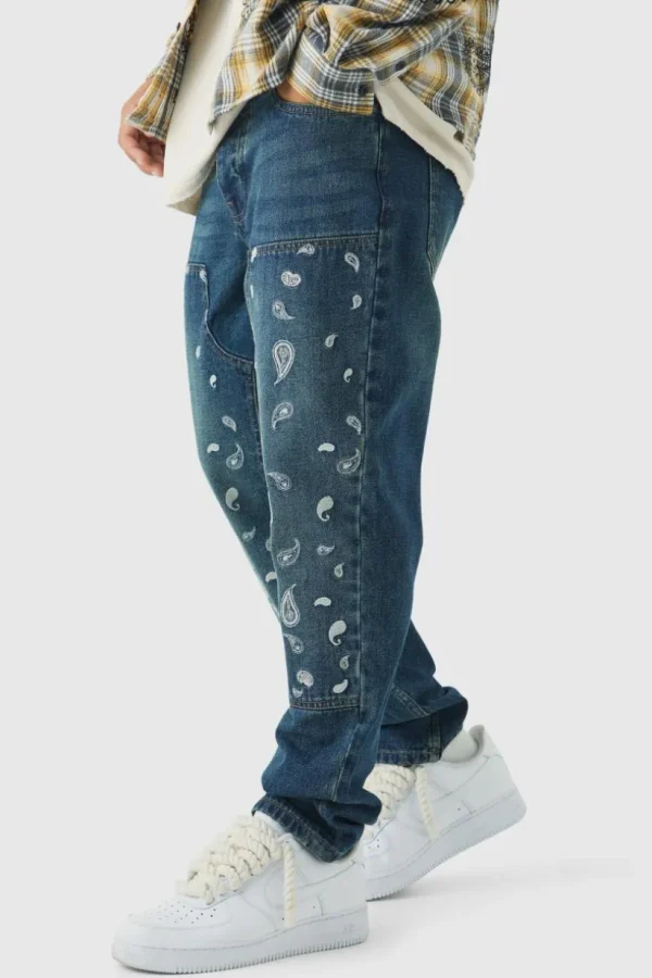 boohooMAN Straight Leg Antique Carpenter Paisley Embroidered Jeans | Denim | Going Out Denim