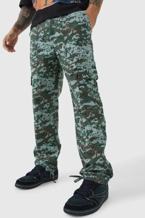 boohooMAN Straight Leg Tie Hem Camo Trouser | Trousers