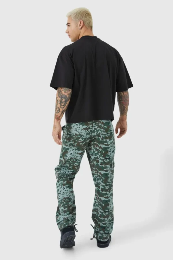 boohooMAN Straight Leg Tie Hem Camo Trouser | Trousers