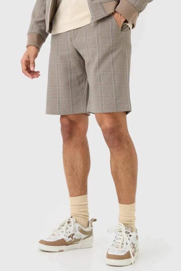 boohooMAN Stretch Textured Check Fixed Waist Shorts | Suits & Tailoring | Suits & Tailoring