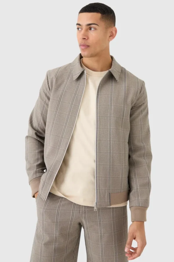 boohooMAN Stretch Textured Check Smart Bomber Jacket | Suits & Tailoring | Suits & Tailoring