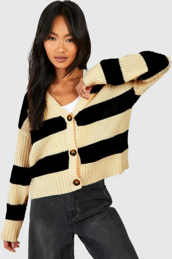 boohoo Stripe Fisherman Rib Knit Crop Cardigan | Women Shirts | Foundation