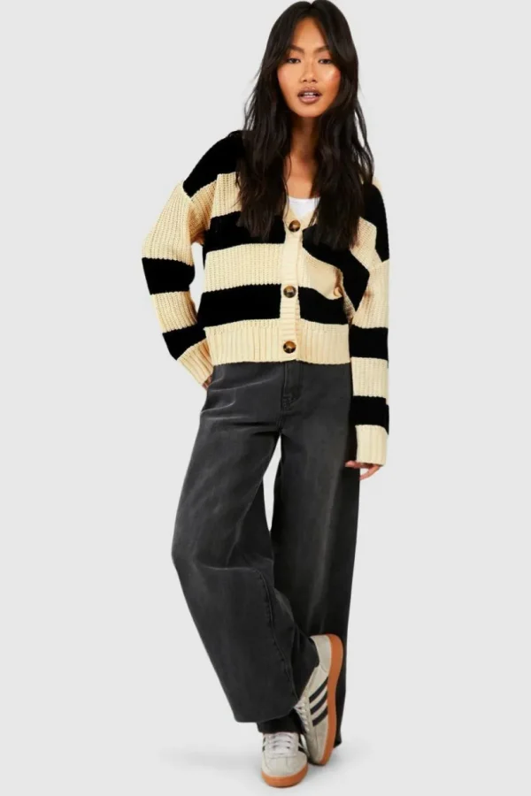 boohoo Stripe Fisherman Rib Knit Crop Cardigan | Women Shirts | Foundation