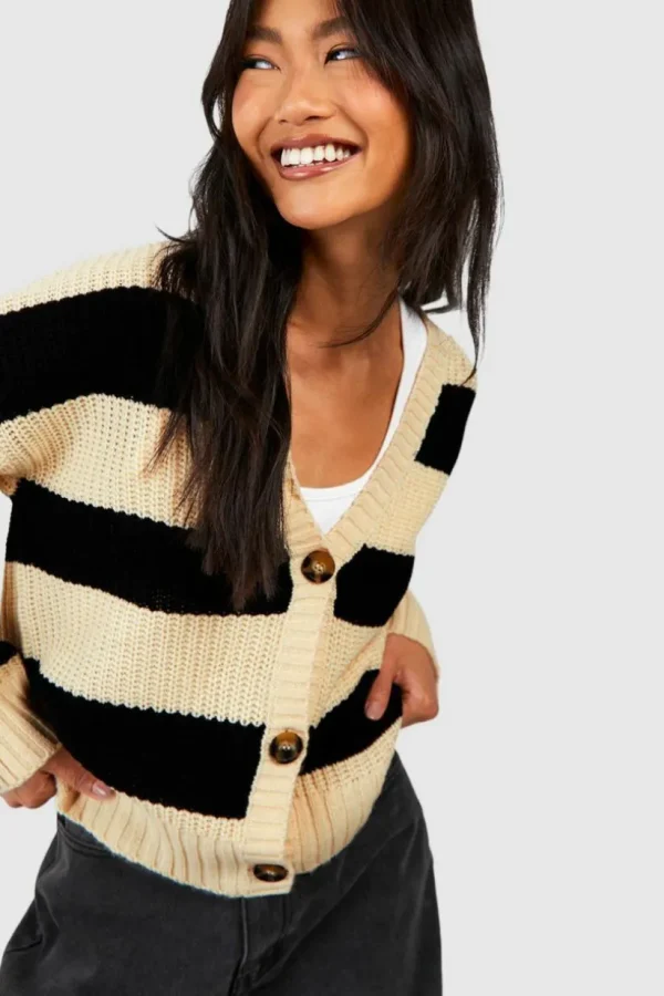 boohoo Stripe Fisherman Rib Knit Crop Cardigan | Women Shirts | Foundation