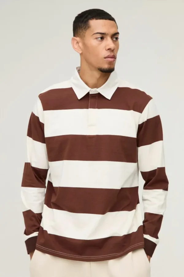 boohooMAN Stripe Long Sleeve Rugby Polo | Going Out Polo Shirts | Shirts