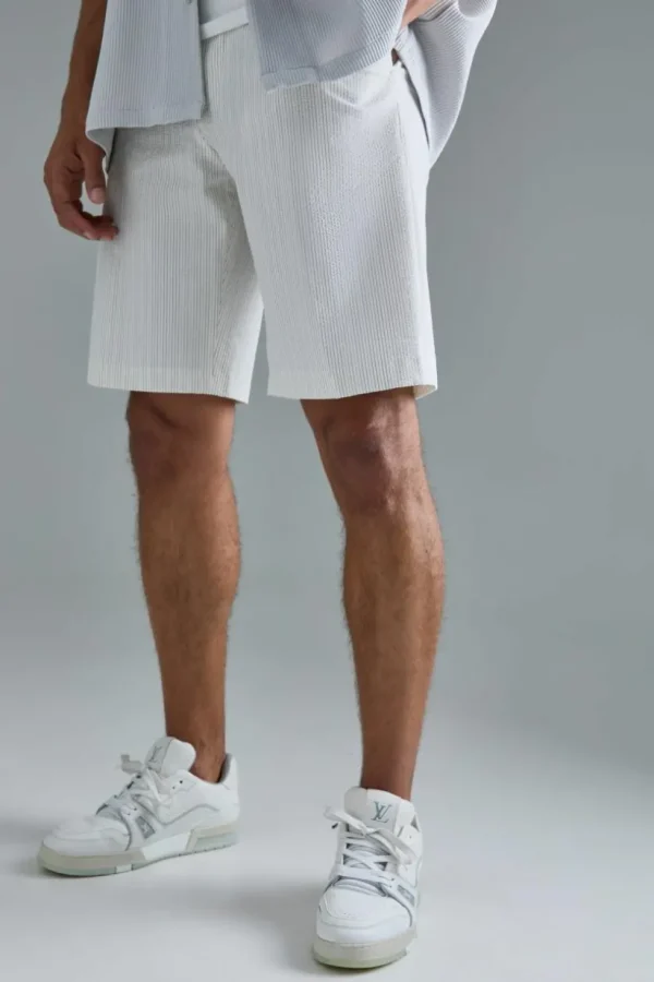 boohooMAN Stripe Seersucker Fixed Waist Regular Fit Shorts | Suits & Tailoring | Suits & Tailoring