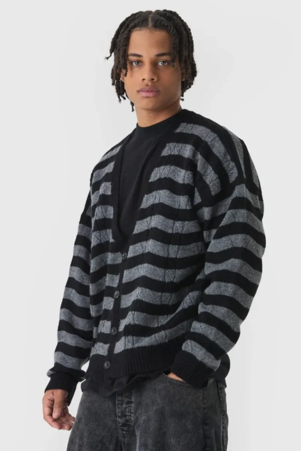 boohooMAN Striped Boxy Brushed Cable Knit Cardigan | Knitwear | Going Out Knitwear