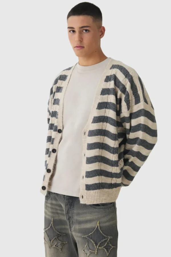 boohooMAN Striped Boxy Brushed Cable Knit Cardigan | Knitwear | Going Out Knitwear