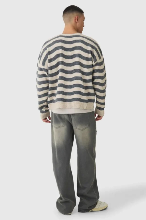 boohooMAN Striped Boxy Brushed Cable Knit Cardigan | Knitwear | Going Out Knitwear