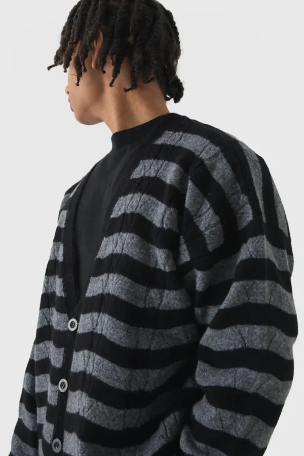 boohooMAN Striped Boxy Brushed Cable Knit Cardigan | Knitwear | Going Out Knitwear