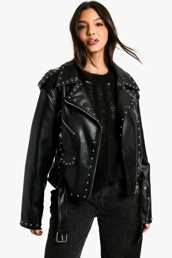 boohoo Studded Faux Leather Biker Jacket | Women Shirts | Foundation