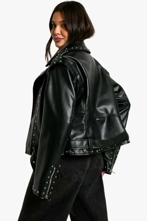 boohoo Studded Faux Leather Biker Jacket | Women Shirts | Foundation