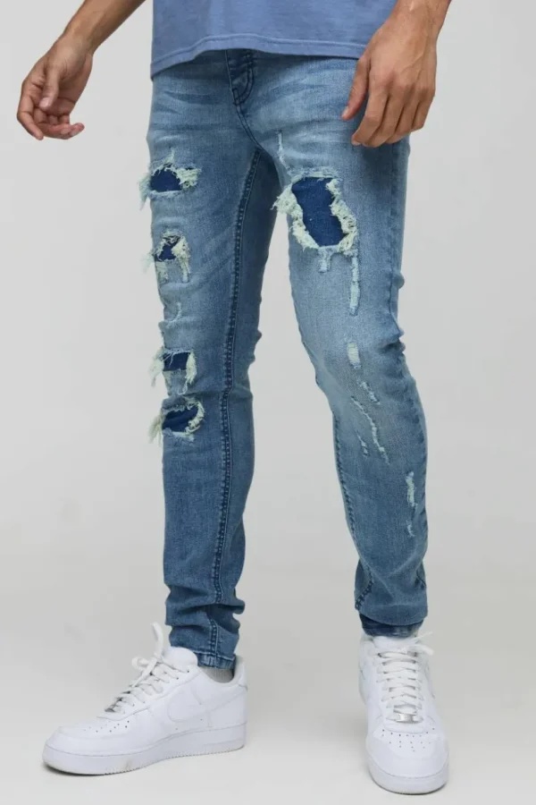 boohooMAN Super Distressed Dirty Wash Skinny Jeans | Denim | Going Out Denim