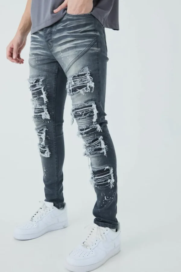 boohooMAN Super Skinny Biker Rip & Repair Paint Splatter Jeans | Denim | Going Out Denim