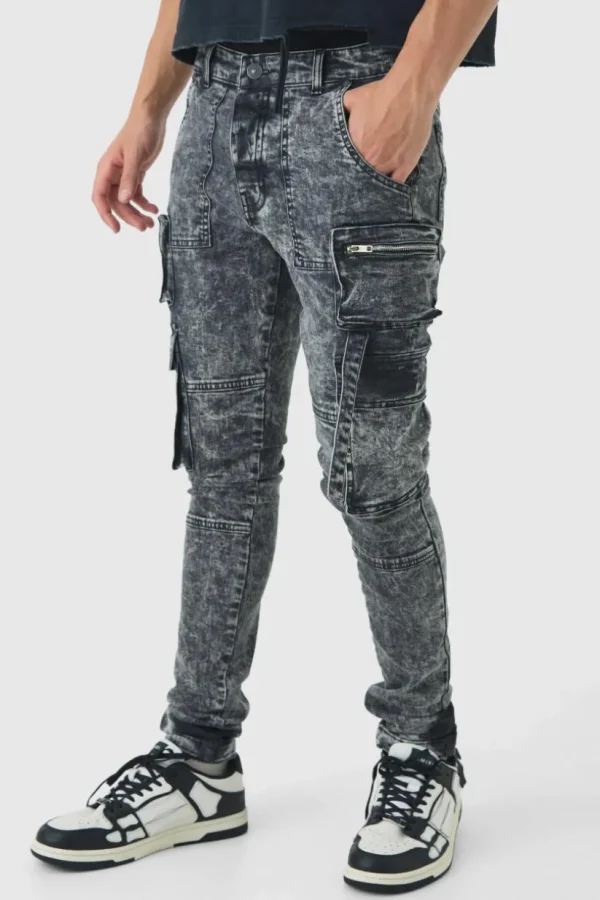 boohooMAN Super Skinny Stretch Acid Wash Cargo Jeans | Jeans